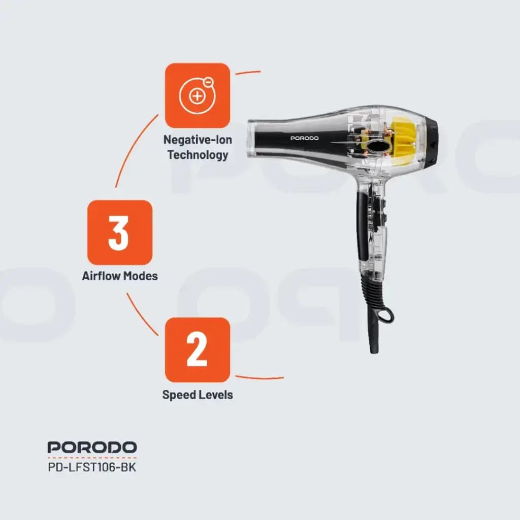 سشوار شفاف پرودو مدل Porodo Lifestyle Crystal Shell Hair Dryer PD-LFST106-BK — تصویر ۲