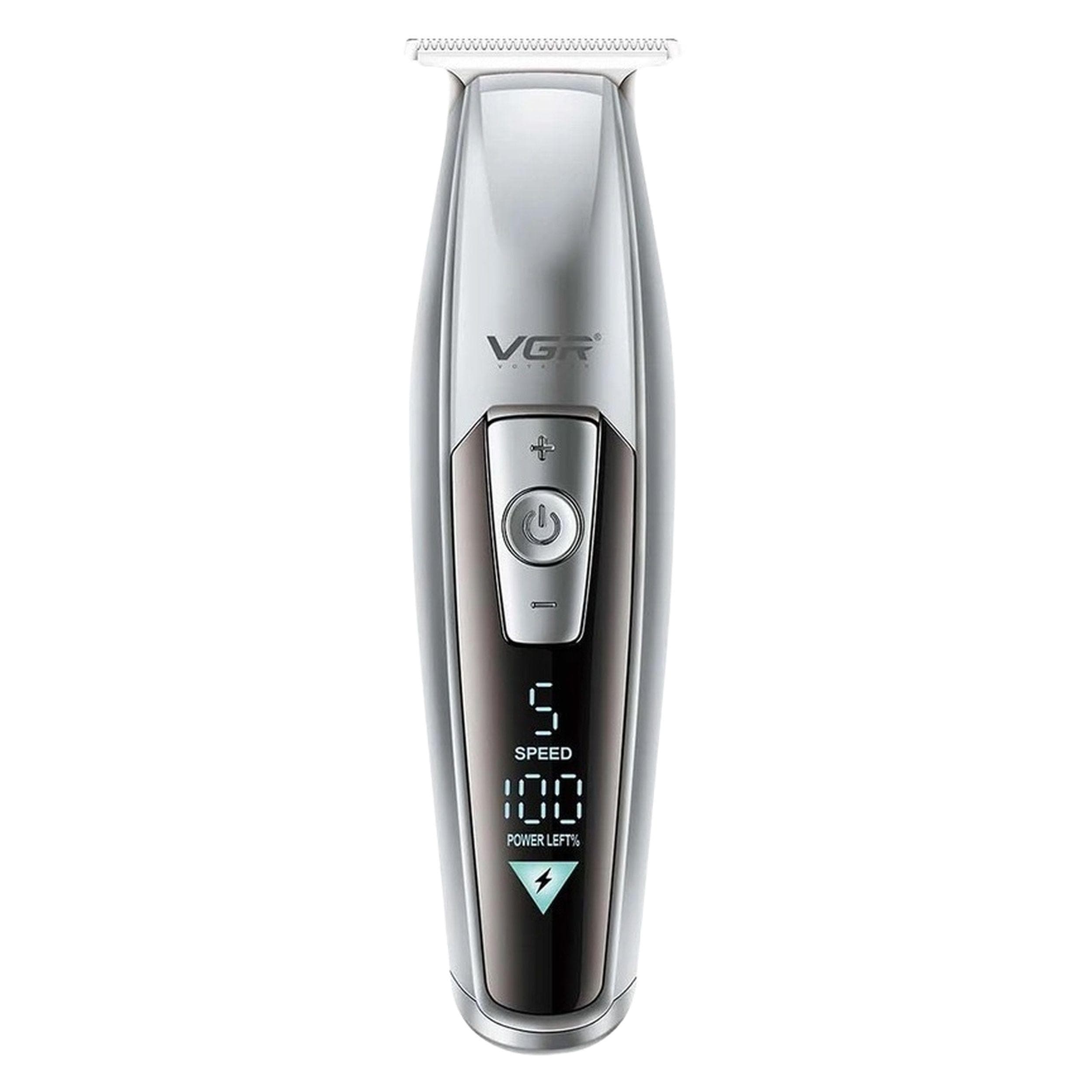 ماشین اصلاح موی سر و صورت وی جی ار مدل V-970 با تیغه استیل ضد زنگ، باتری قابل شارژ با 240 دقیقه استفاده، 5 سرعت قابل تنظیم، طراحی ارگونومیک و 3 شانه تنظیم طول 2، 3 و 4 میلیمتر