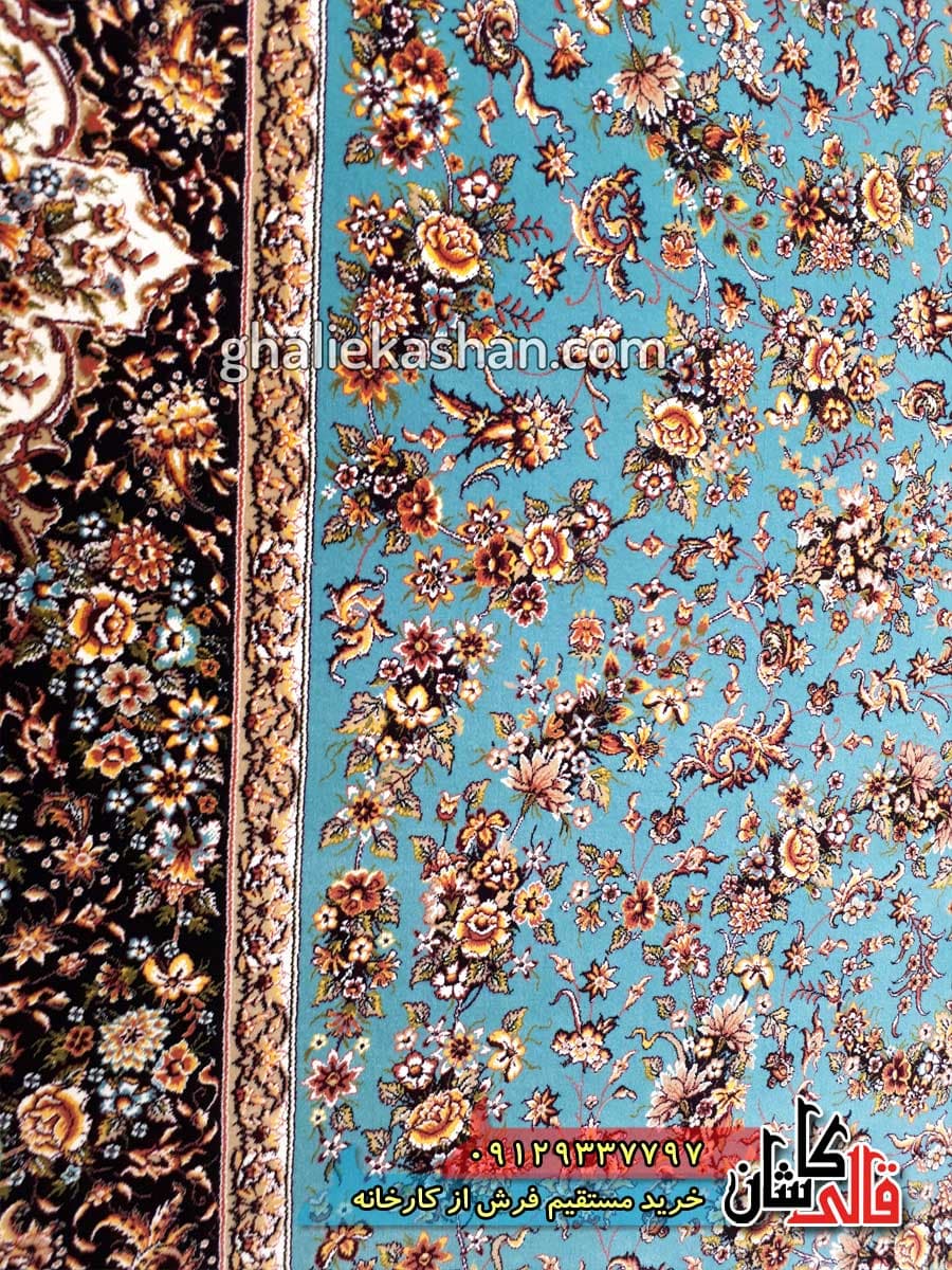 فرش 1200 شانه طرح گل فرنگ زمینه آبی کاشان — تصویر ۳
