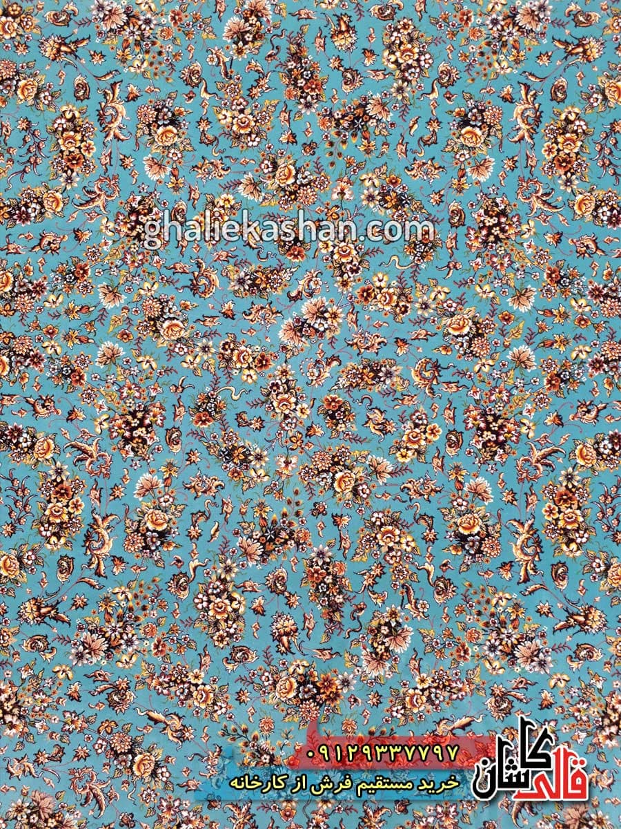 فرش 1200 شانه طرح گل فرنگ زمینه آبی کاشان — تصویر ۲