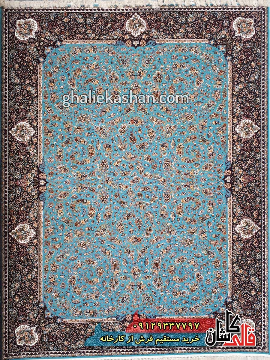 فرش 1200 شانه طرح گل فرنگ زمینه آبی کاشان