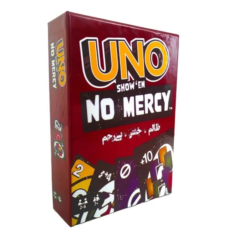 بازی فکری کارتی مدل بردکده Uno No Mercy با 168 کارت، رقابتی برای 2 تا 6 نفر، مناسب 7 سال به بالا، دارای 4 قانون خاص و 6 کارت اکشن جذاب با راهنمای فارسی و برای تقویت تمرکز و قدرت تصمیمگیری