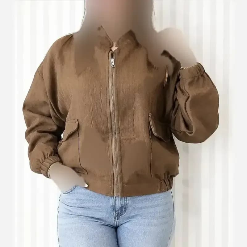بامبر جکت زنانه فلونزی ضخیم گرم مناسب پاییز قد 63 رنگ قهوه ای — تصویر ۵