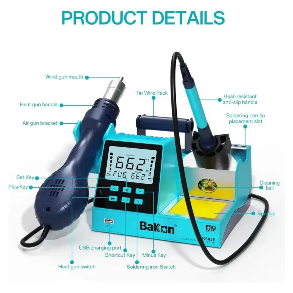 هویه و هوای گرم رومیزی 90 وات باکون مدل Bakon BK-602S — تصویر ۶