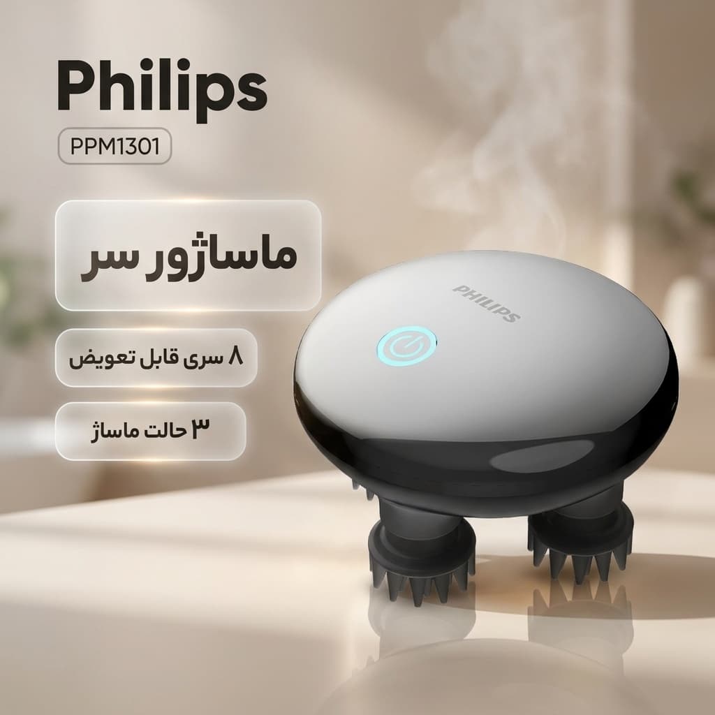 ماساژور برقی سر فیلیپس مدل PPM1301 با چرخش 360 درجه و 8 سری سیلیکونی — تصویر ۲