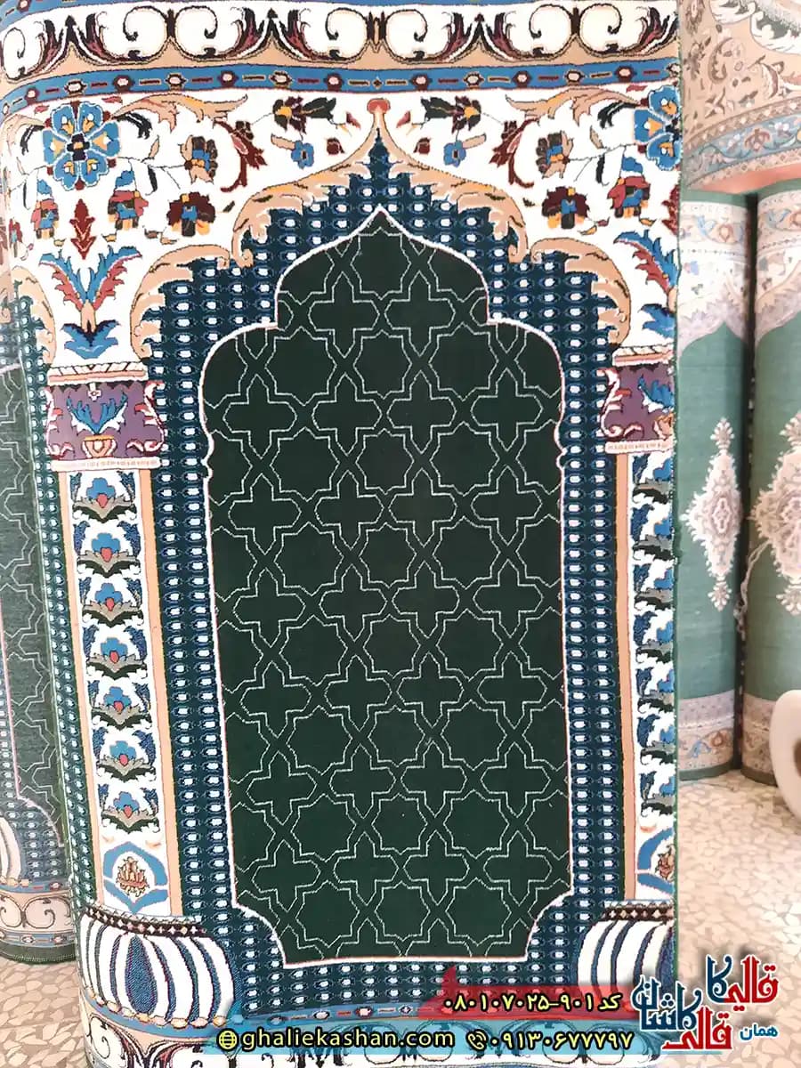 سجاده فرش نماز و مسجد 700 شانه کاشان طرح رضوان فاضل زمینه سبز تیره — تصویر ۴