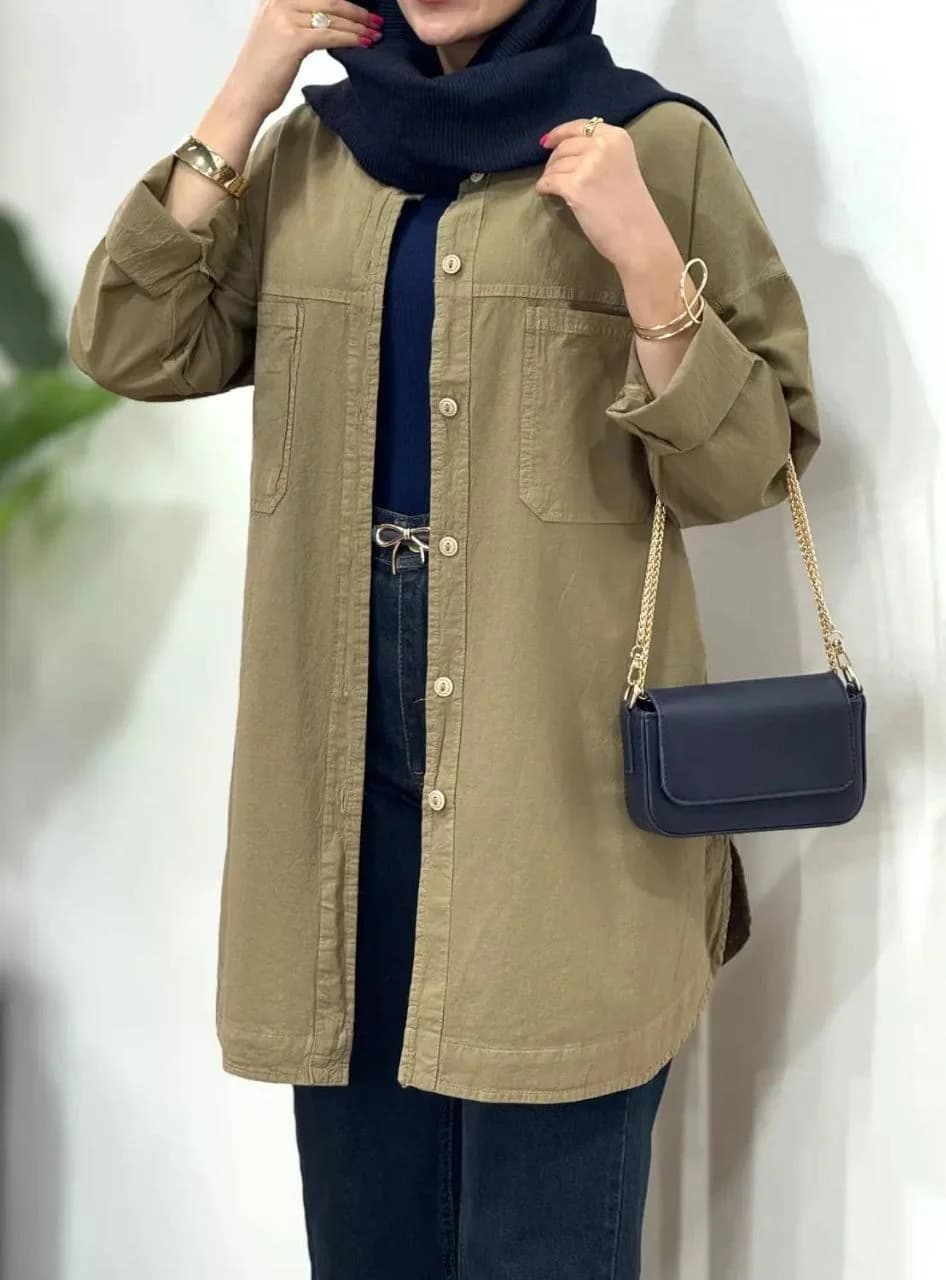 شومیز لنین الیاف طبیعی شسته شده پاییزه مدل آمنه بدون آبرفت و رنگدهی، در دو قواره فری سایز و ۷ رنگ پاییزی — تصویر ۲