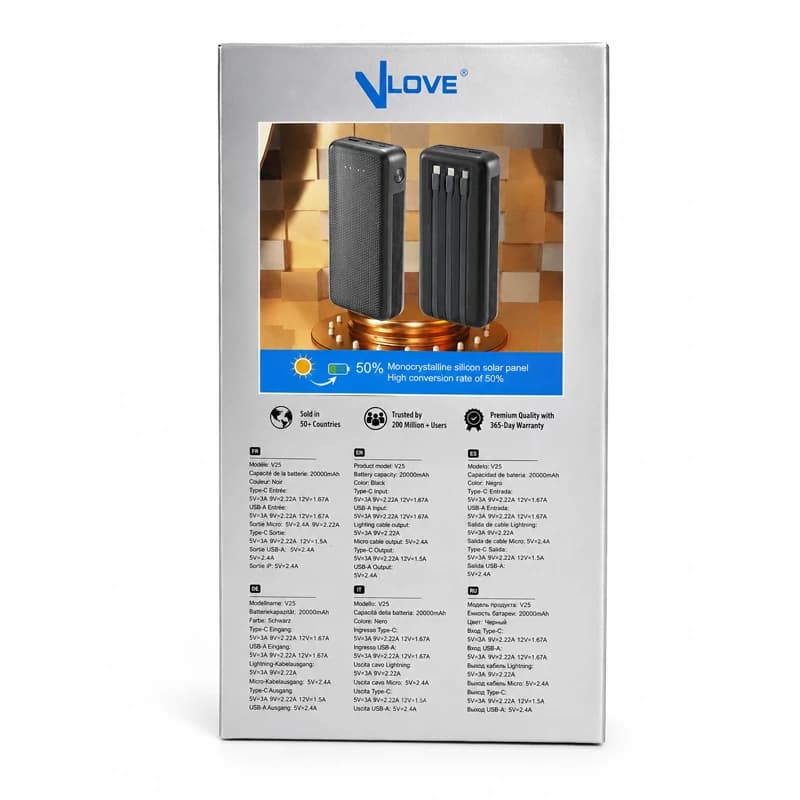 پاوربانک خورشیدی 20000 میلیآمپرساعت VLOVE مدل V25 با شارژ سریع 22.5 وات — تصویر ۵
