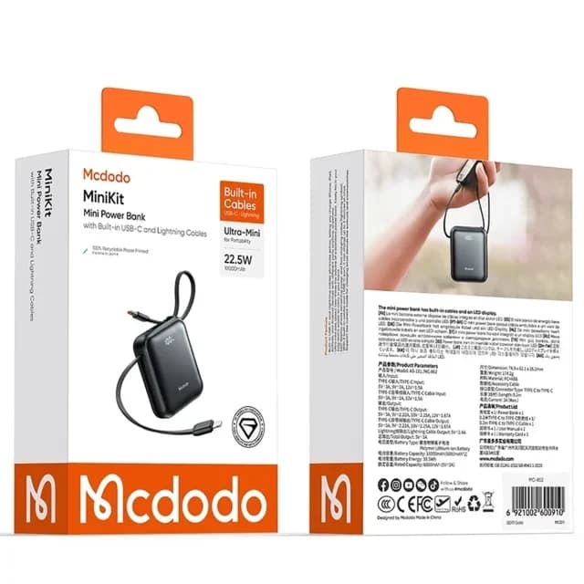 پاوربانک ۲۲.۵ وات مک دودو مدل Mc-862 با ظرفیت ۱۰۰۰۰ هزار میلی آمپر ساعت به همراه دو کابل USB-C و لایتنینگ — تصویر ۵