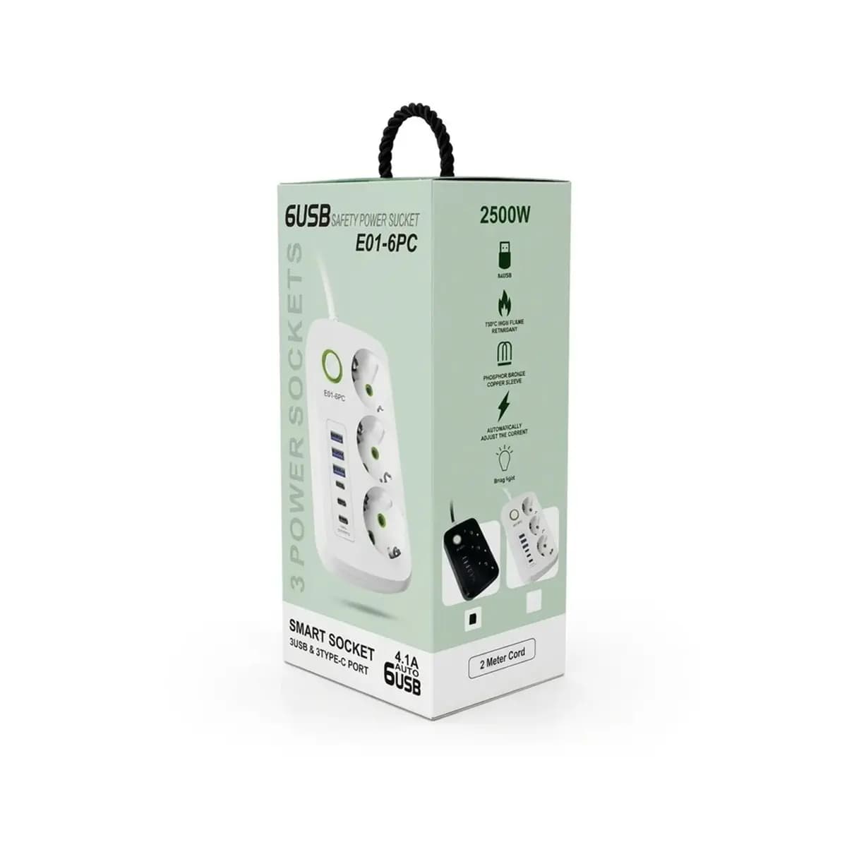 چندراهی برق و شارژر هوشمند E01-6PC | مجهز به ۳ پریز، ۳ پورت تایپ سی و ۳ پورت USB — تصویر ۲