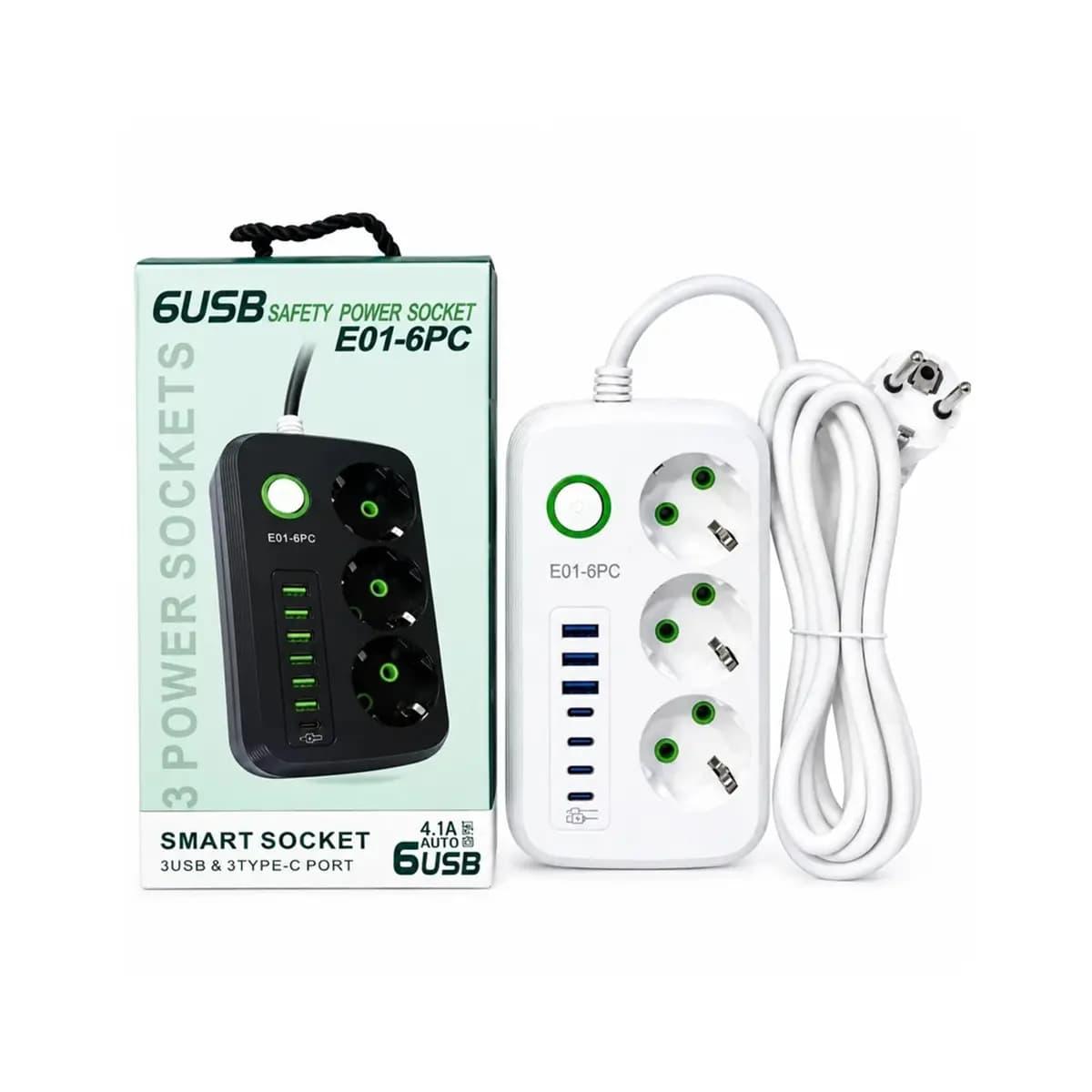 چندراهی برق و شارژر هوشمند E01-6PC | مجهز به ۳ پریز، ۳ پورت تایپ سی و ۳ پورت USB — تصویر ۴