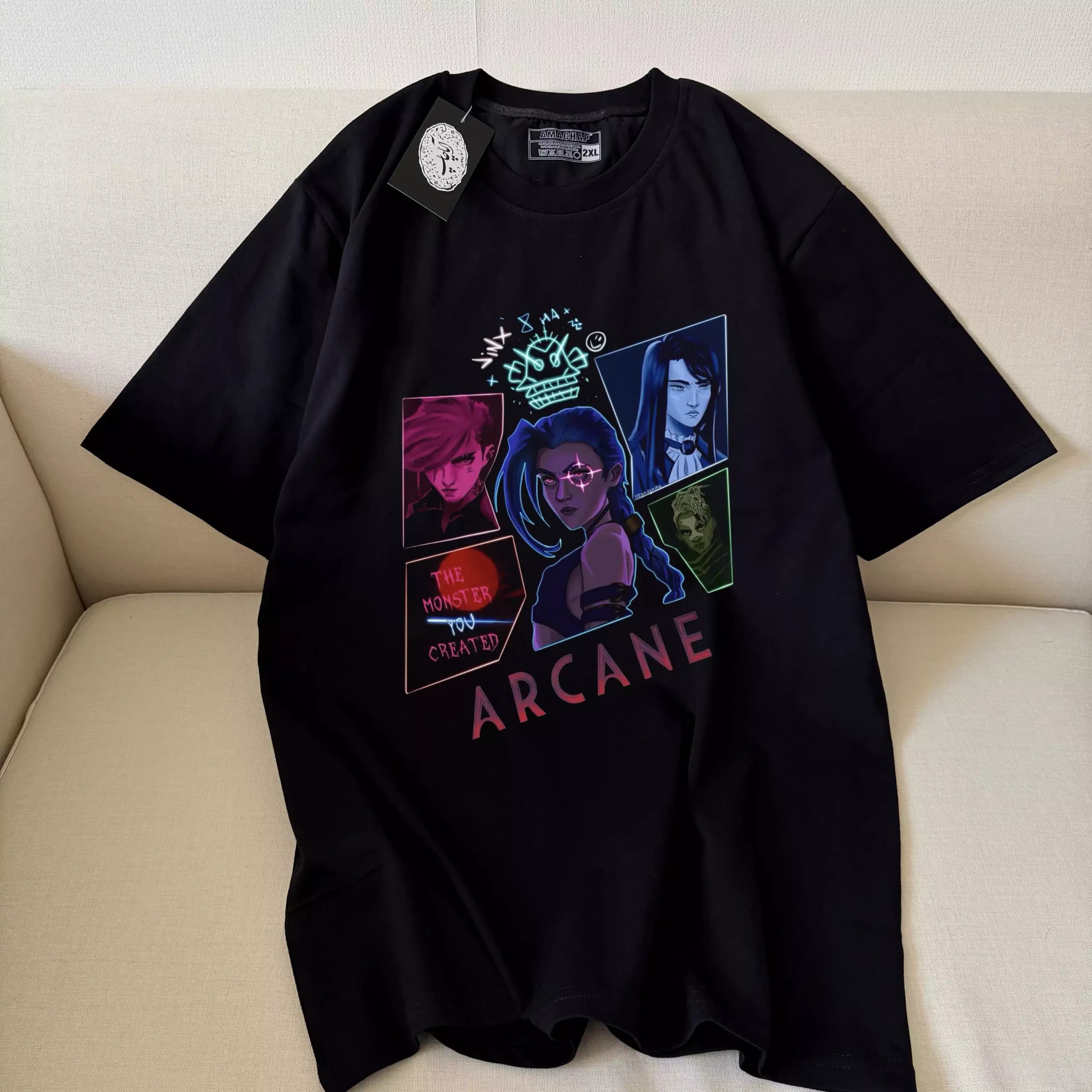 تیشرت نخ پنبه سریال آرکین طرح نئونی جینکس و شخصیتهای Arcane