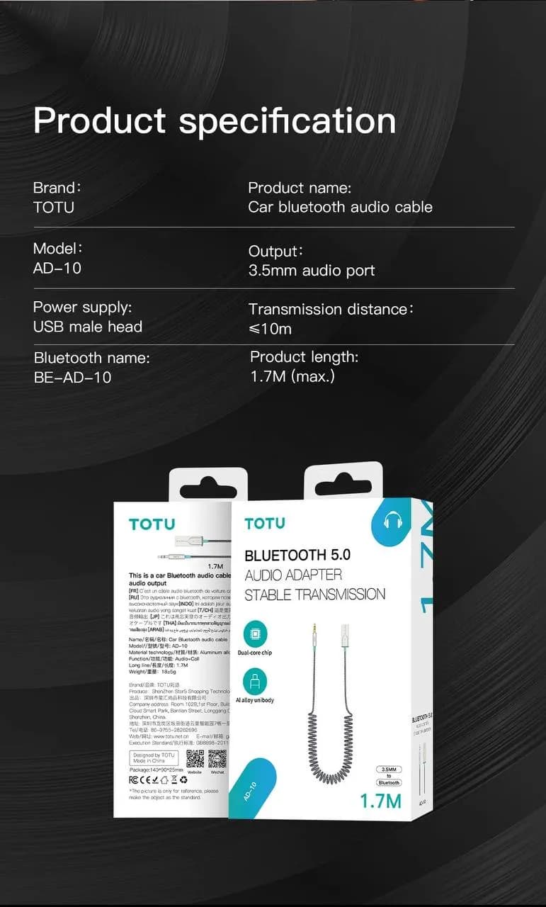دانگل بلوتوث صوتی TOTU Bluetooth 5.0 Audio Adapter مدل AD-10 — تصویر ۶