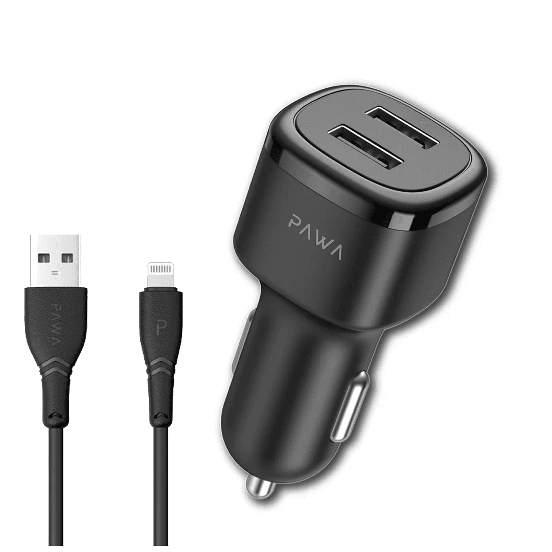 شارژر فندکی خودرو 2.4 آمپر پاوا Pawa مدل PW-24AICCL به همراه کابل USB به Lightning