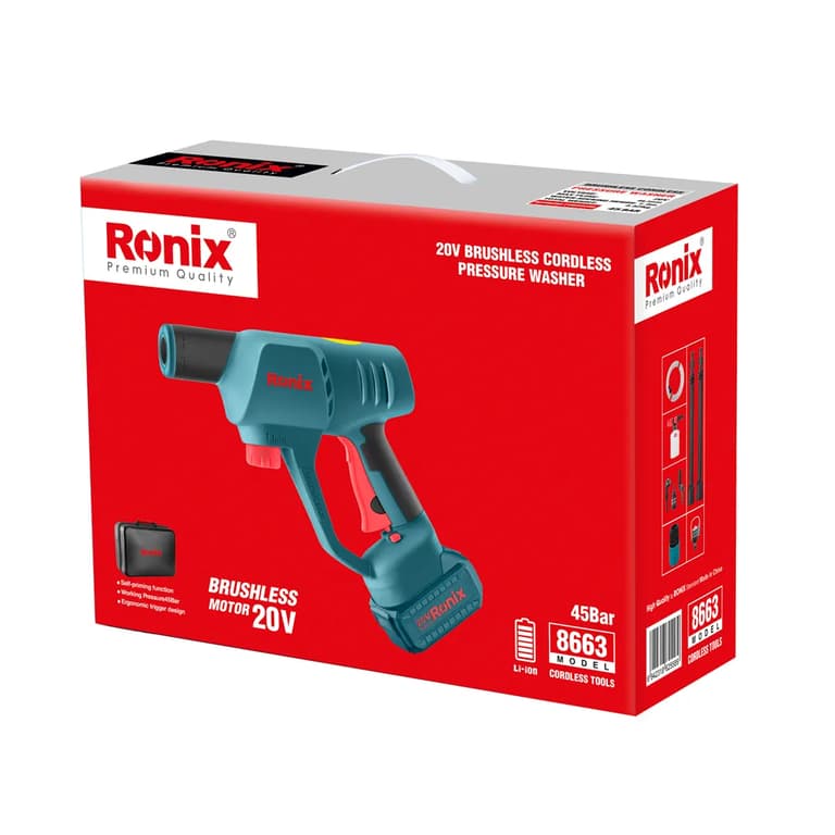 کارواش شارژی براشلس 20 ولت حداکثر 45 بار با باتری 4 آمپرساعت رونیکس مدل RONIX 8663 — تصویر ۷