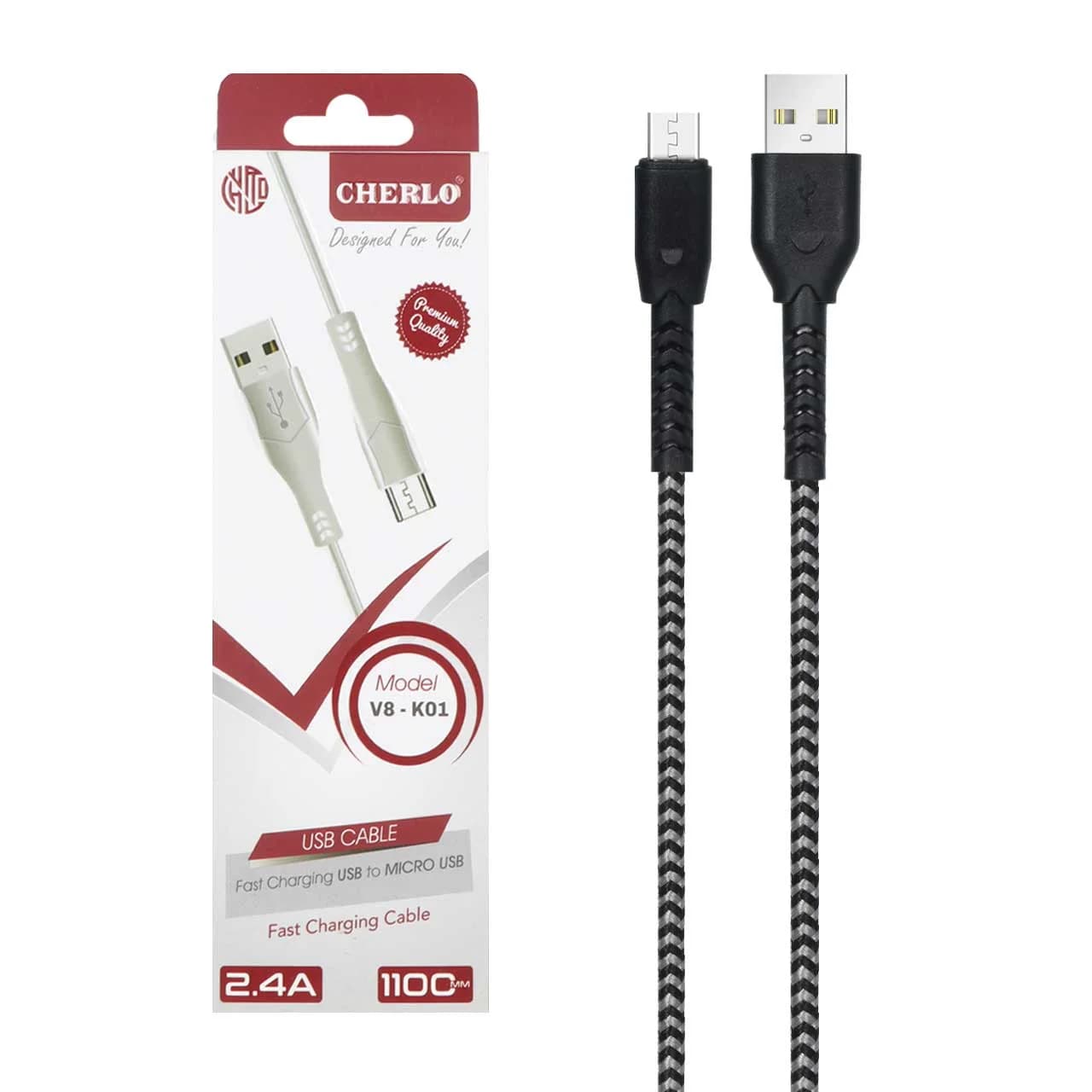 کابل شارژ 1.1 متری فست اندروید CHERLO مدل V8-K01 – مشکی سفید – SMO