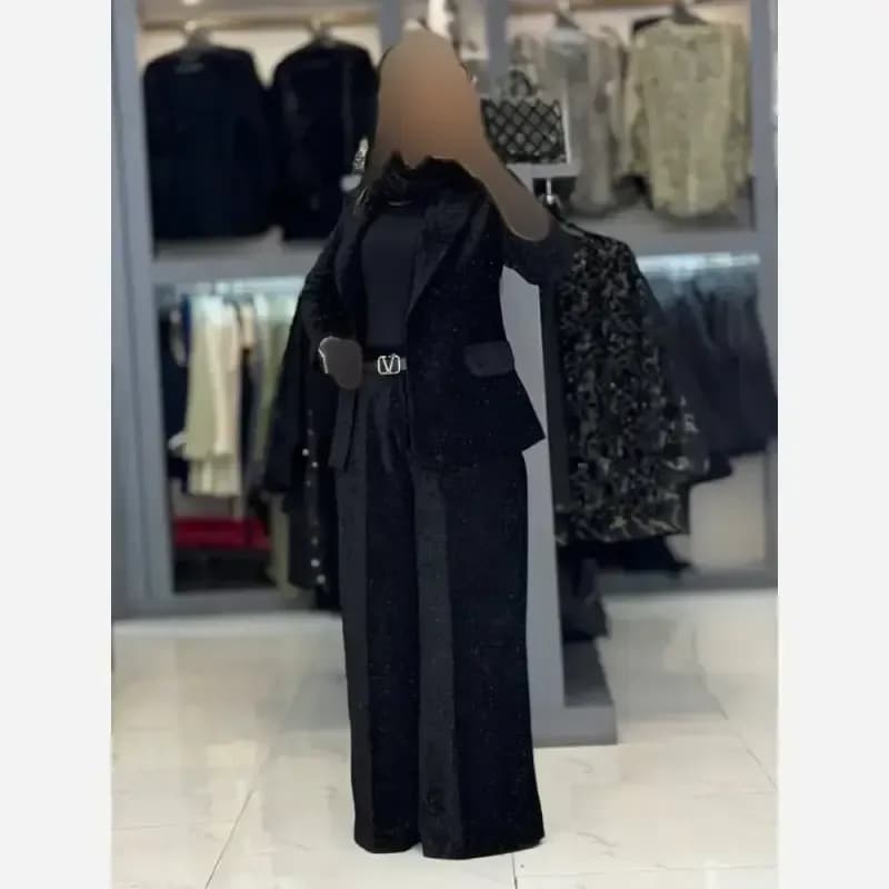 کت شلوار مخمل زنانه یقه انگلیسی نگین دار شلوار فول بگ — تصویر ۲