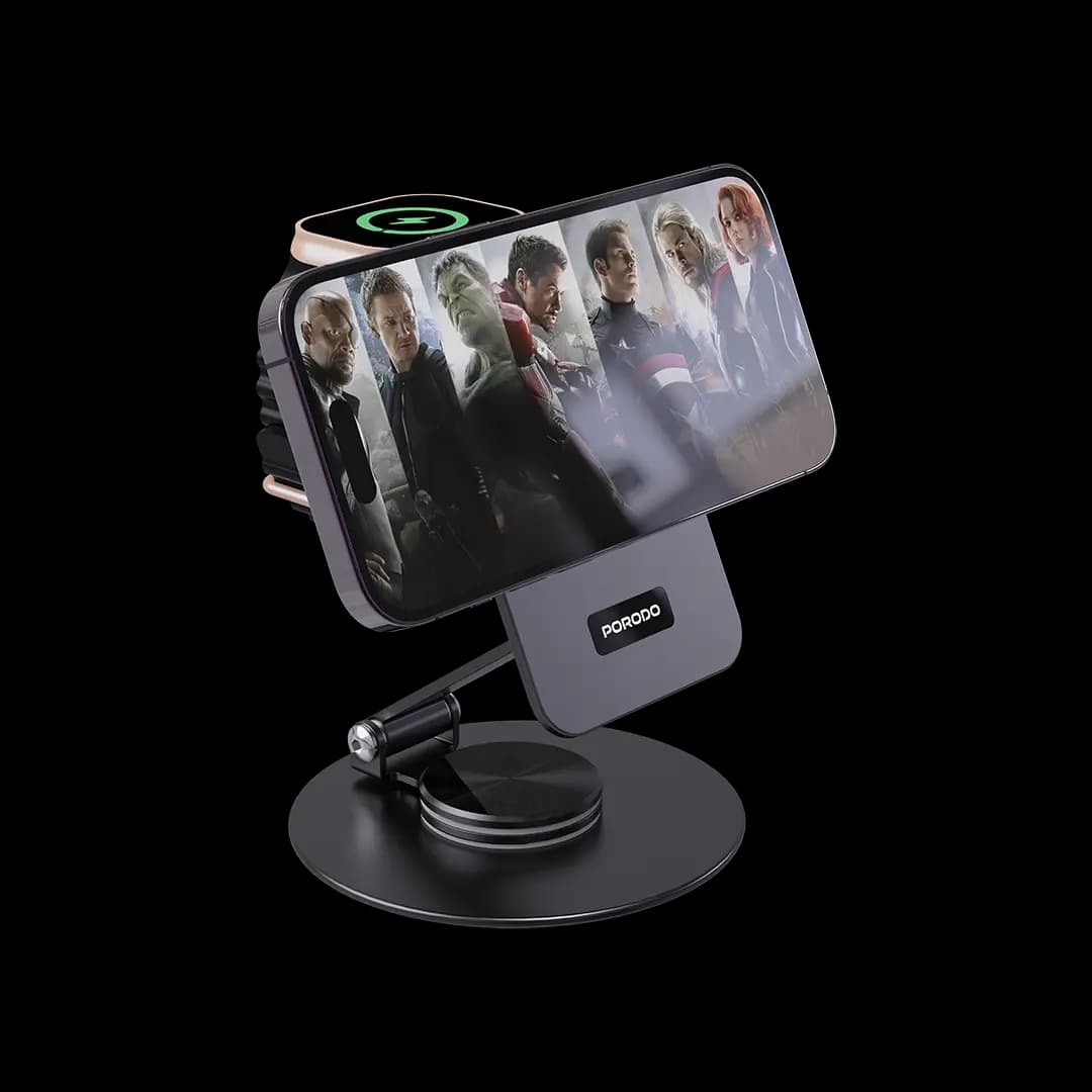 استند وایرلس شارژ سه کاره پرودو مدل Porodo 115W Portable Metal Foldable Charging Station 360° Stand | PD-FWCH035-BK