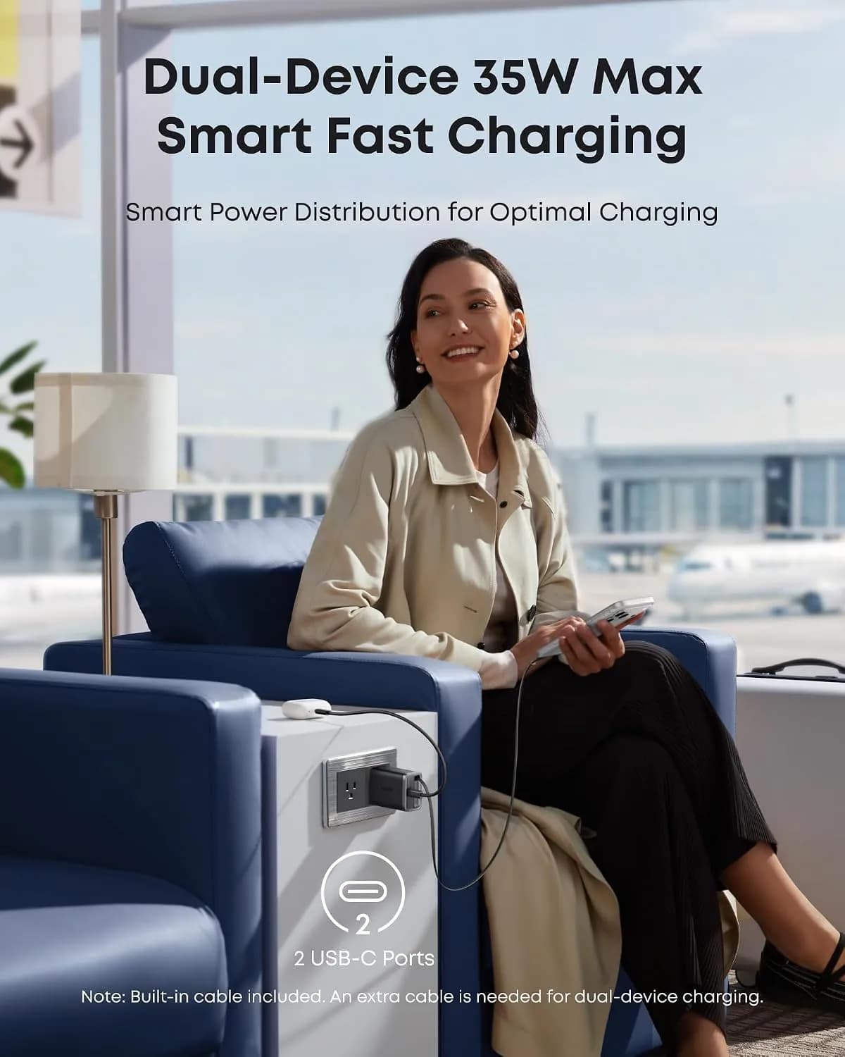 شارژر دیواری 35 وات انکر Anker Nano Charger 35W A2658 پلاگ دوپین ایران + کابل خود جمع شونده — تصویر ۳