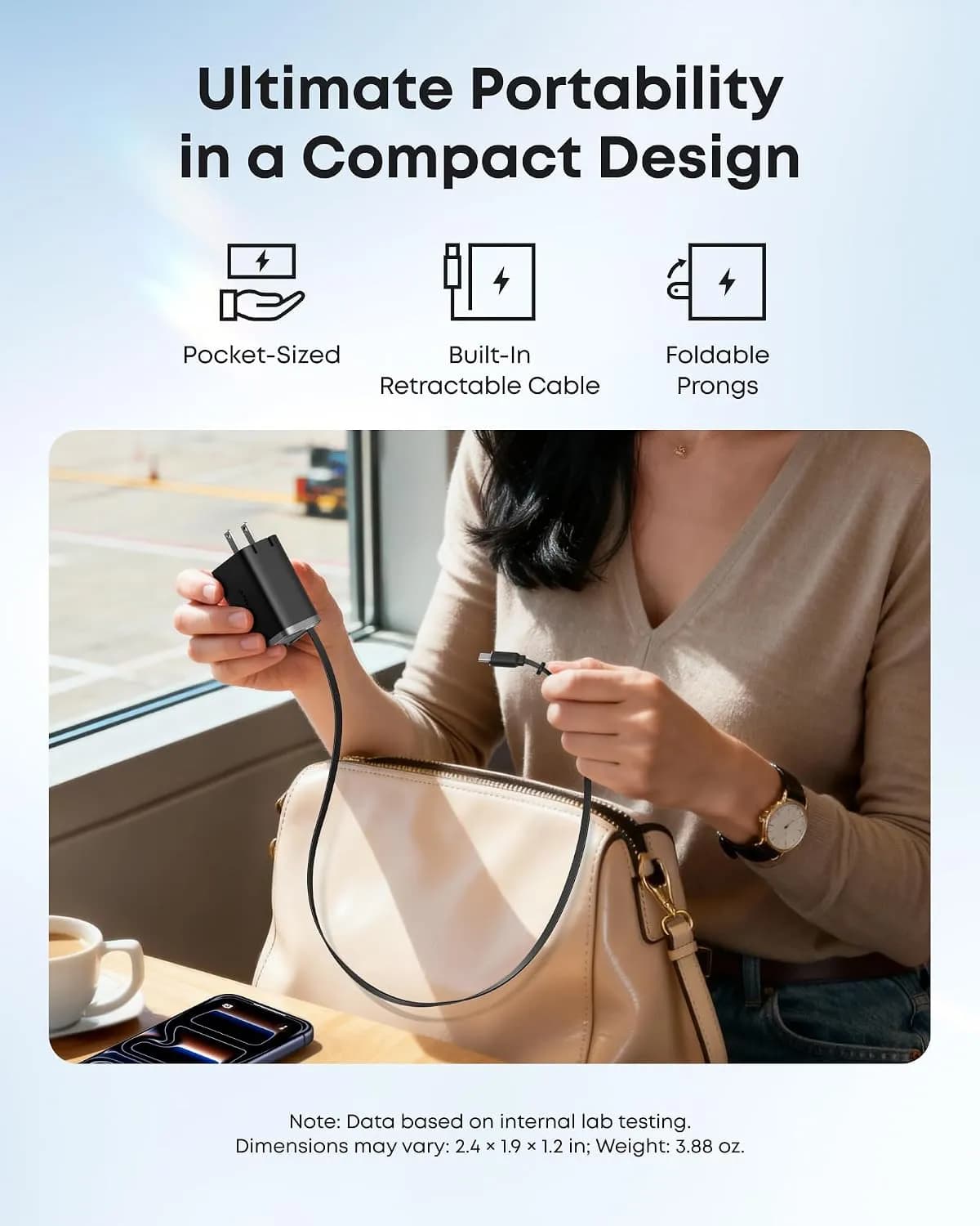 شارژر دیواری 35 وات انکر Anker Nano Charger 35W A2658 پلاگ دوپین ایران + کابل خود جمع شونده — تصویر ۵