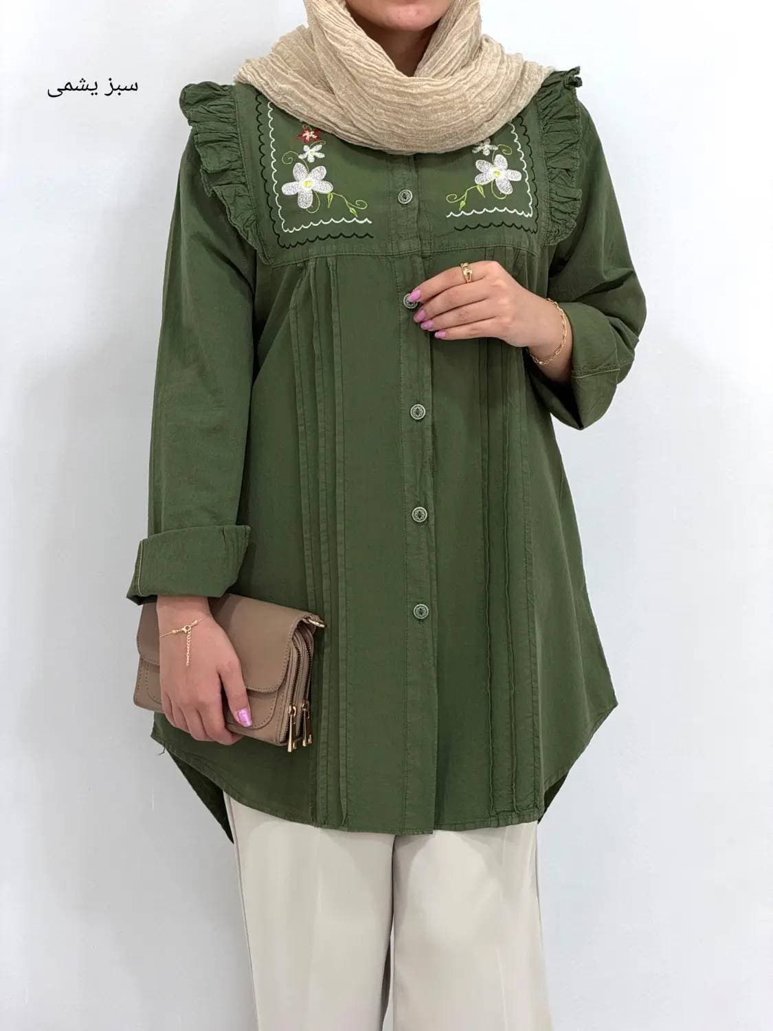 شومیز مانتویی زنانه لنین گلدوزی شده بانو (کد: 21436) — تصویر ۵