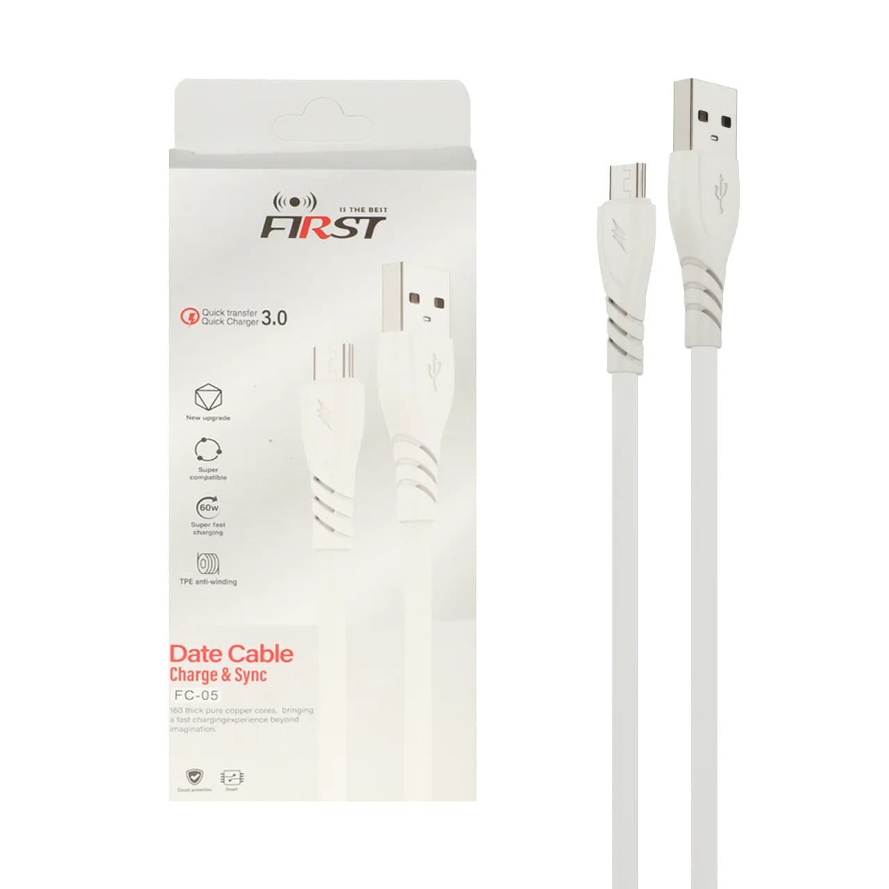 کابل شارژ فست اندروید First مدل FC-05 – سفید -MMS