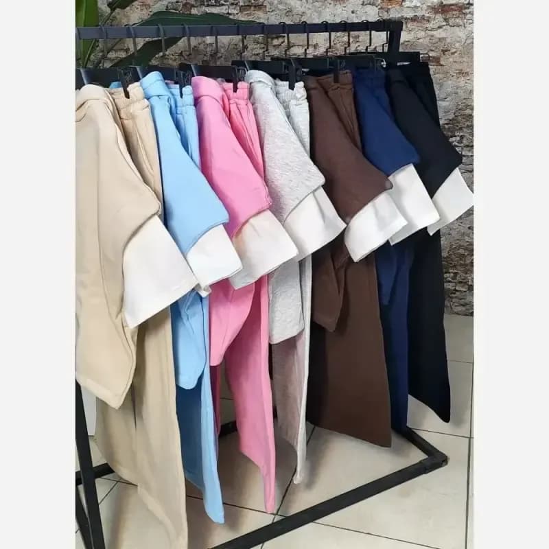ست 3 تیکه وست شلوار و تیشرت مدل راینا جنس دورس حوله ای توکرکی فریسایز — تصویر ۷