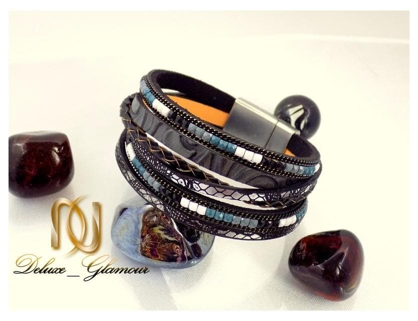 دستبند دخترانه چرم رنگی چند ردیفه مشکی قفل آهنربایی ds-n138