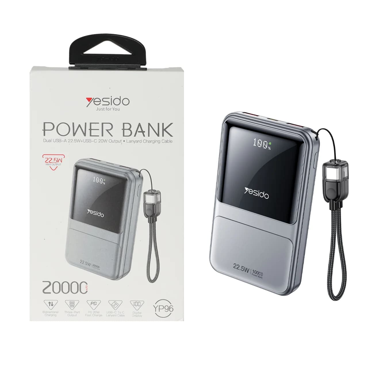 پاوربانک PD و فست شارژ Yesido 20000mAh مدل YP96 22.5W – نقره ای (گارانتی 18 ماه تعویض نیکان همراه)