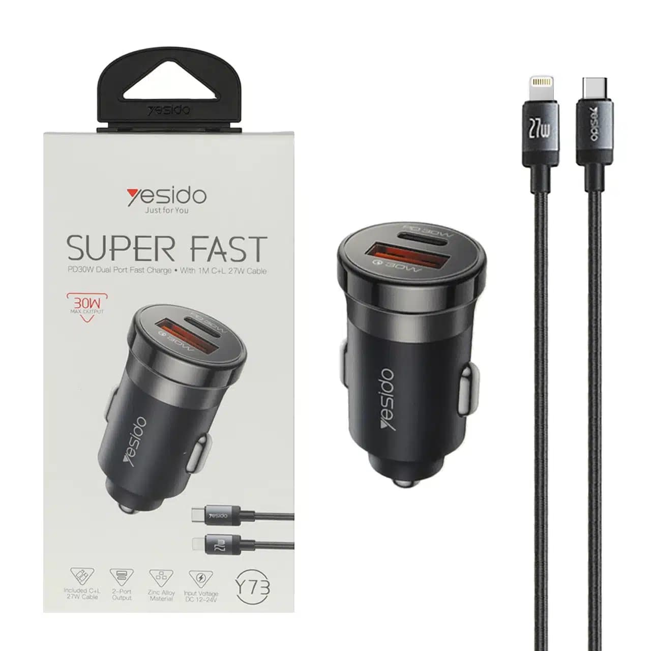 شارژر فندکی سوپر فست وPD دو پورت Yesido مدل Y73 30W به همراه کابل شارژ Type-C To Lightning – مشکی (گارانتی 18 ماه تعویض نیکان…