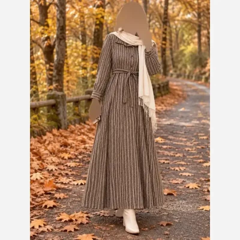 کفتان پشمی پیردوپل زنانه پاییزه و زمستانه بلند کمربنددار فری سایز — تصویر ۵