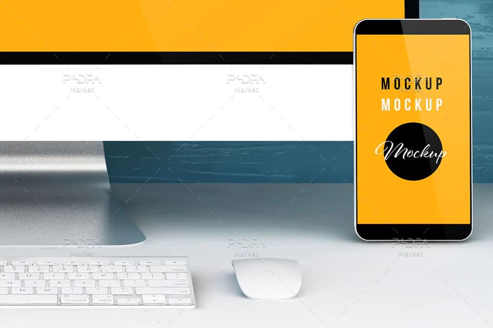 موکاپ ریسپانسیو دستگاه های اپل در محیط اداری — تصویر ۳