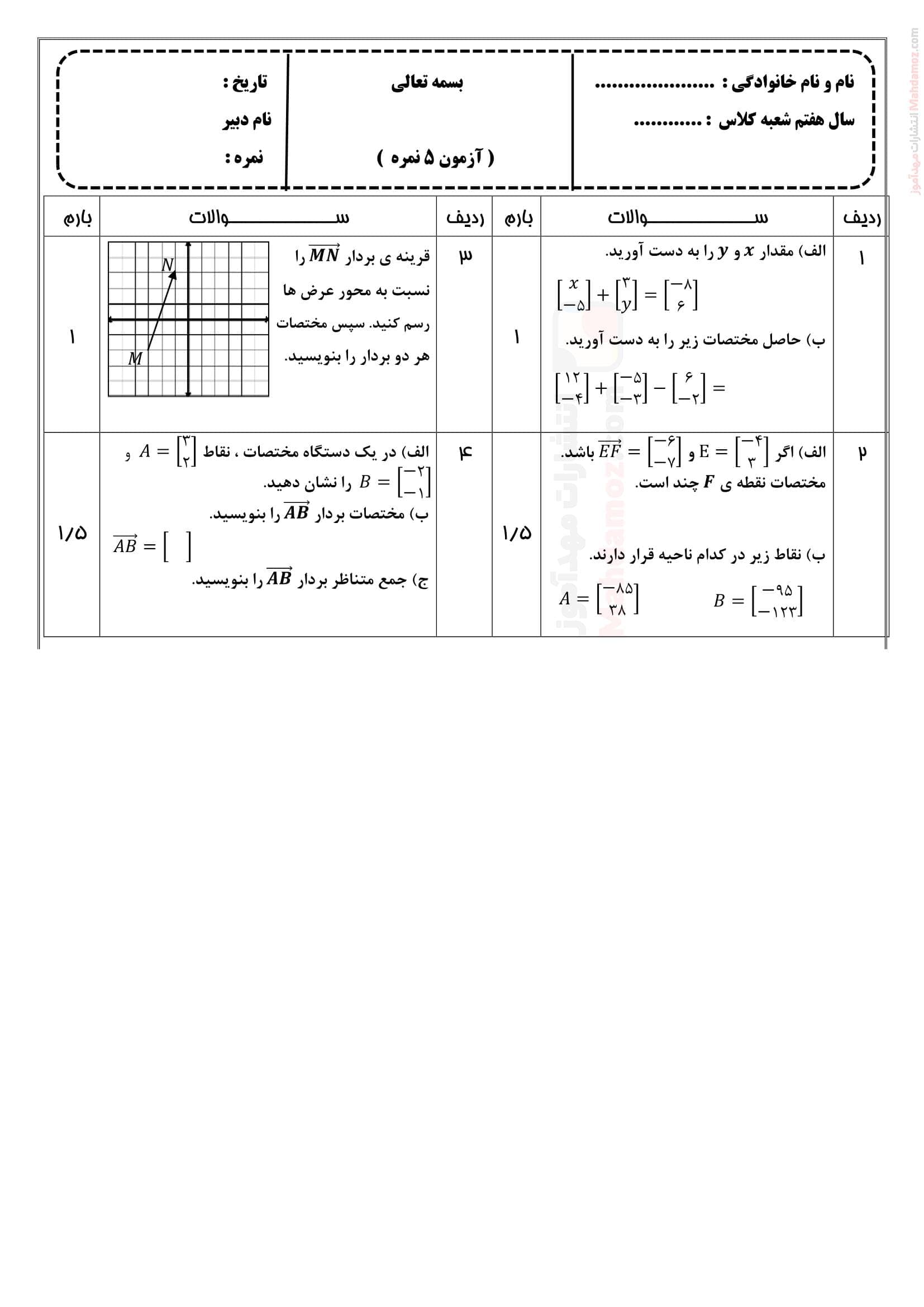 آزمون کوتاه سنجش مهارتی فصل هشتم ریاضی سال هفتم | با جواب