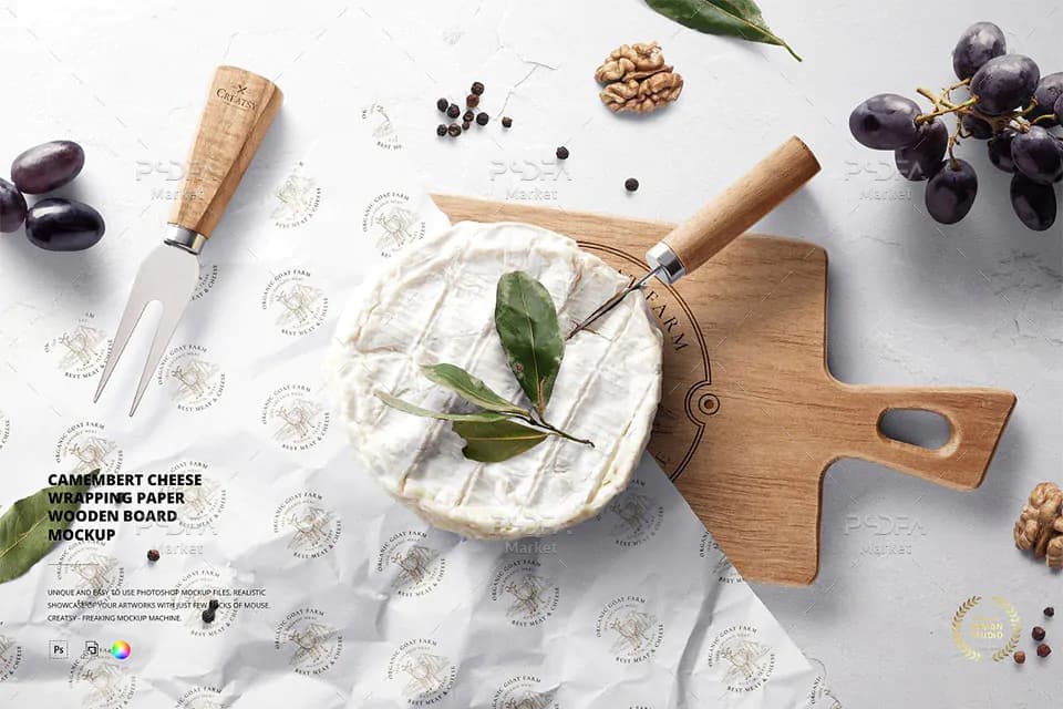 موکاپ کاغذ بسته بندی غذا و تخته گوشت چوبی