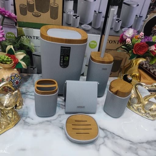 ست سرویس بهداشتی 6 پارچه طرح روما خطی رنگ زیبا شکیل جذاب و پرطرفدار طوسی روشن چوب برند کنتراست نو آکبند طرح جدید و جذاب فیلبندشاپ مدل 847784