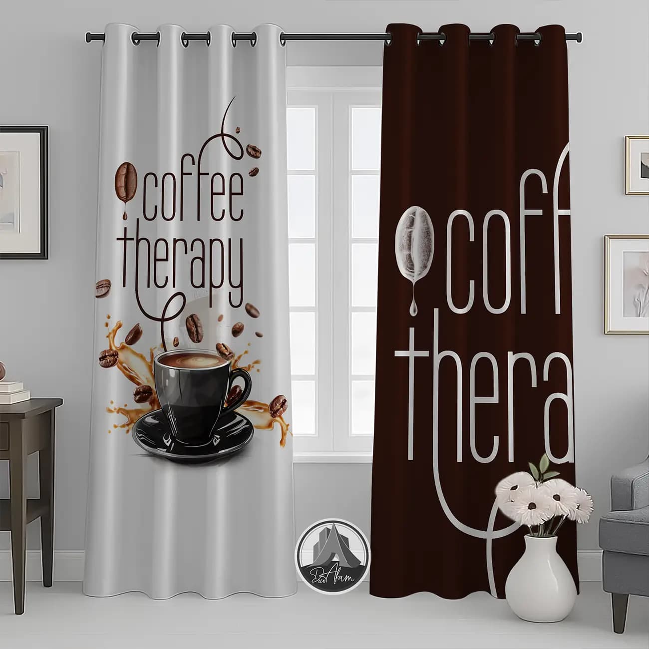 پرده کافی شاپ طرح فنجان قهوه و نوشته Coffee Therapy کد DA-(4026) | دکور آشپزخانه