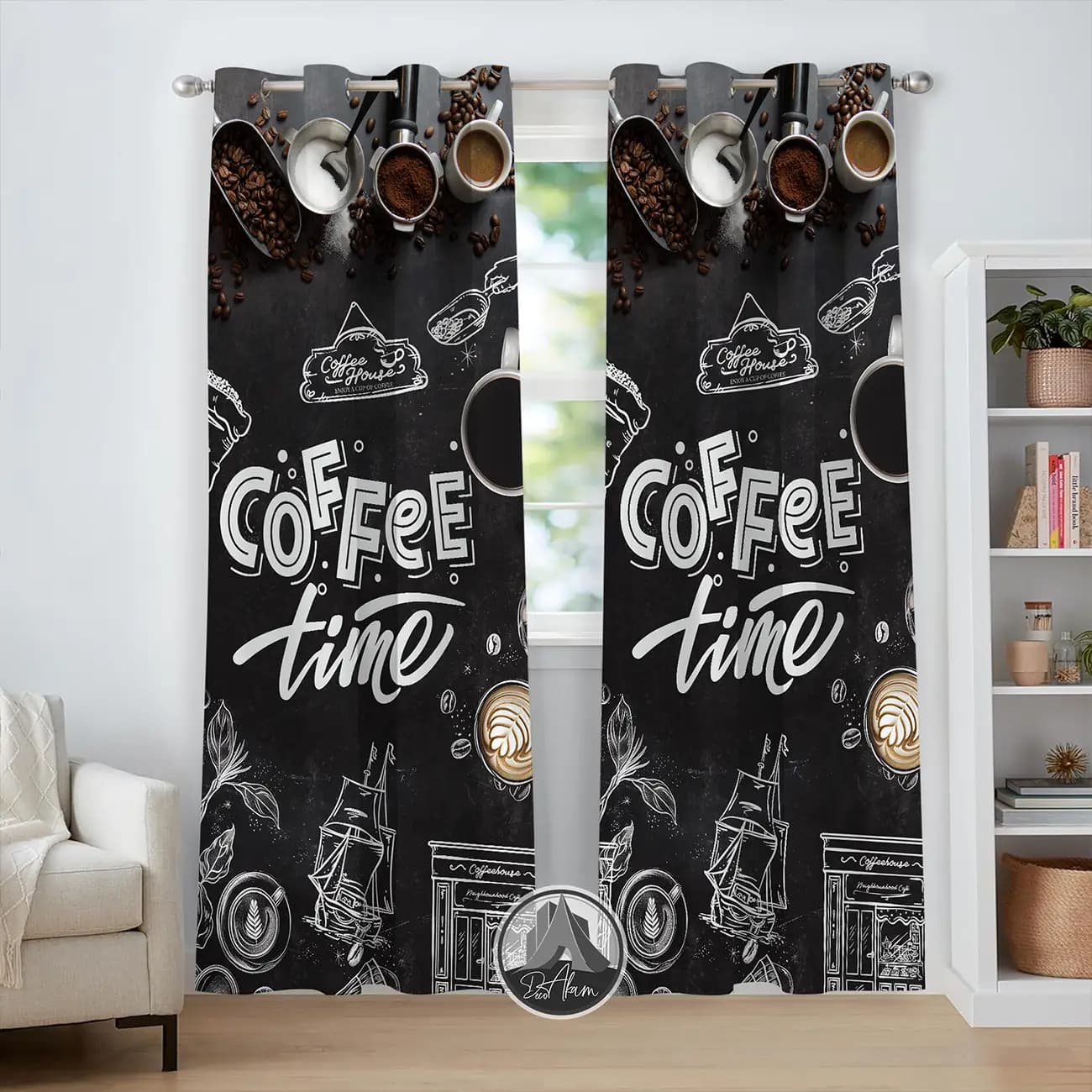 پرده کافی شاپ طرح فنجان قهوه و نوشته Coffee Time کد DA-(4009) | دکور کافه مدرن