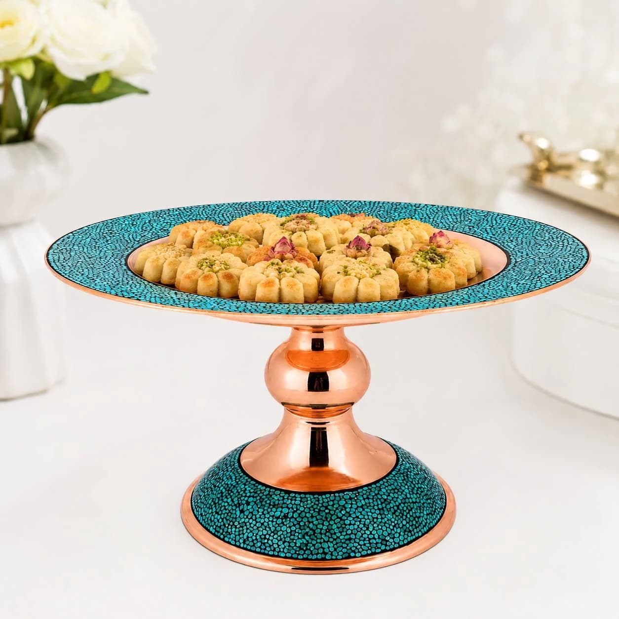 شیرینی خوری مسی و فیروزه کوبی شده قلم زنی ساده 25سانتی (پک عمده 12عددی)