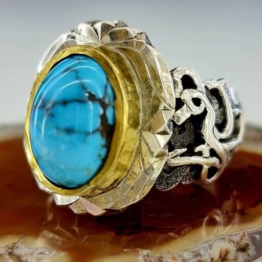 انگشتر مردانه فیروزه نیشابوری طبیعی و اصل تمام مغز رکاب نقره 925 تمام دست ساز