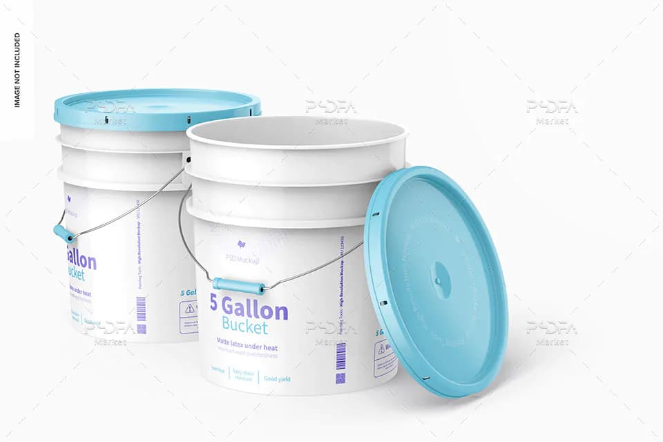 موکاپ گالن و سطل رنگ چسب و گریس دسته دار در حالت و نماهای مختلف