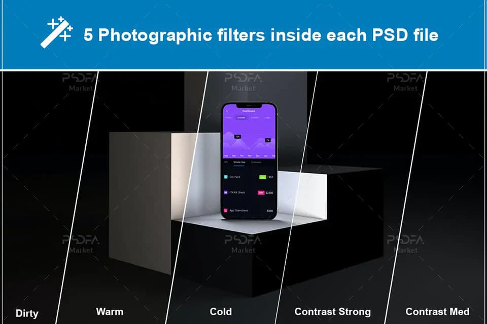 موکاپ آیفون iPhone روی سطوح در حالت و نماهای مختلف برای فتوشاپ — تصویر ۲