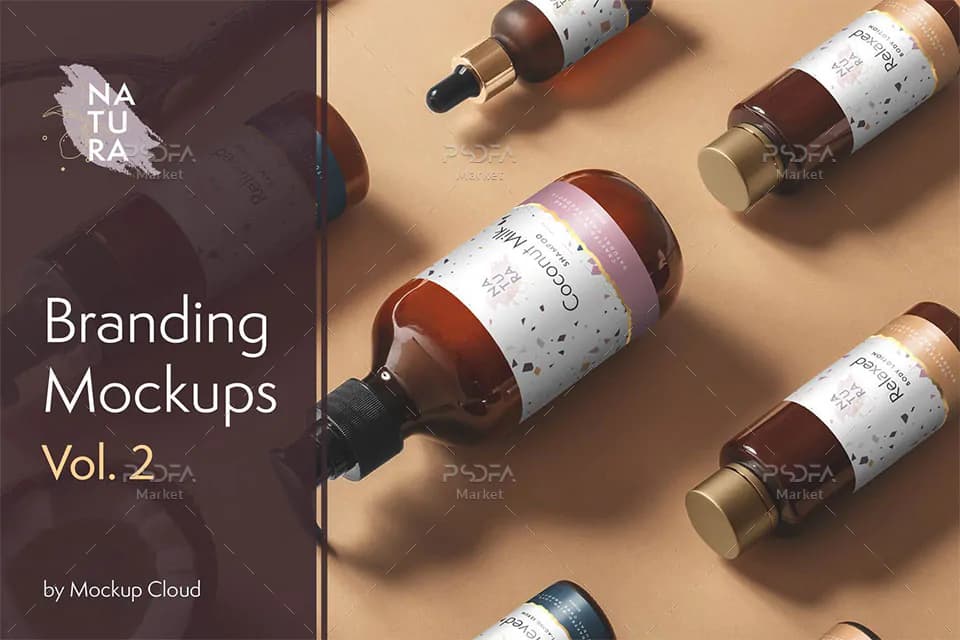 موکاپ برند لوازم آرایشی و بهداشتی شامل انواع شیشه بطری و اسپری