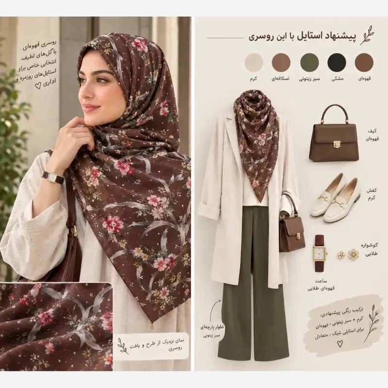 روسری طرحدار پاییزی نخی درجه یک قواره 140 — تصویر ۲