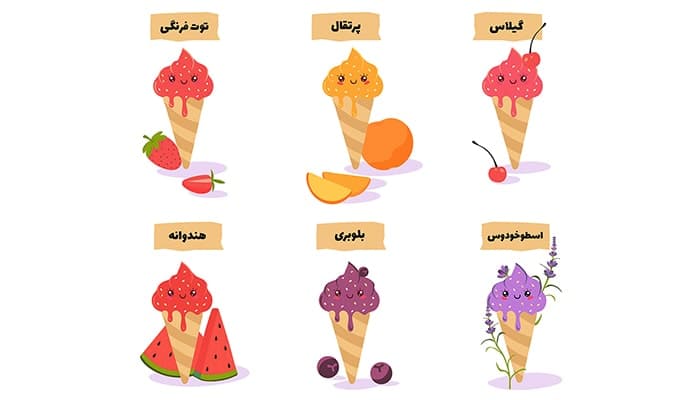 وکتور مجموعه بستنی تابستانی با طعم انواع میوه