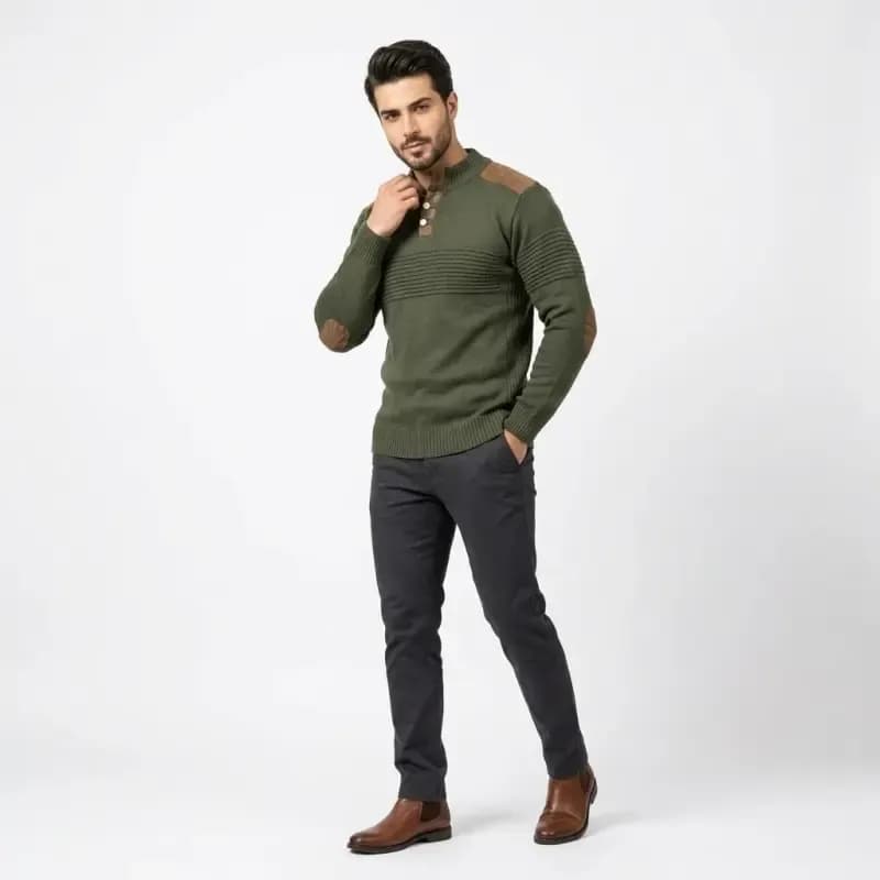 پلیور بافت مردانه یقه اسکی دکمهدار سبز زیتونی فری سایز — تصویر ۵