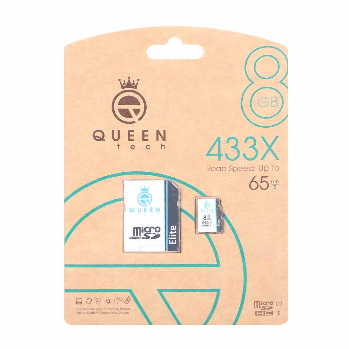 کارت حافظه Queen tech MICROSDHC مدل 433X کلاس U1 / 10 سرعت 65MB/s ظرفیت 8GB به همراه آداپتور – مشکی سفید (گارانتی آی تین)