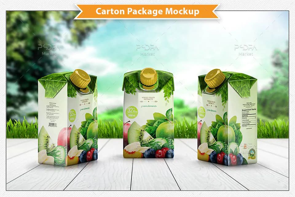 موکاپ پاکت آبمیوه بزرگ در 3 نمای مختلف برای فتوشاپ