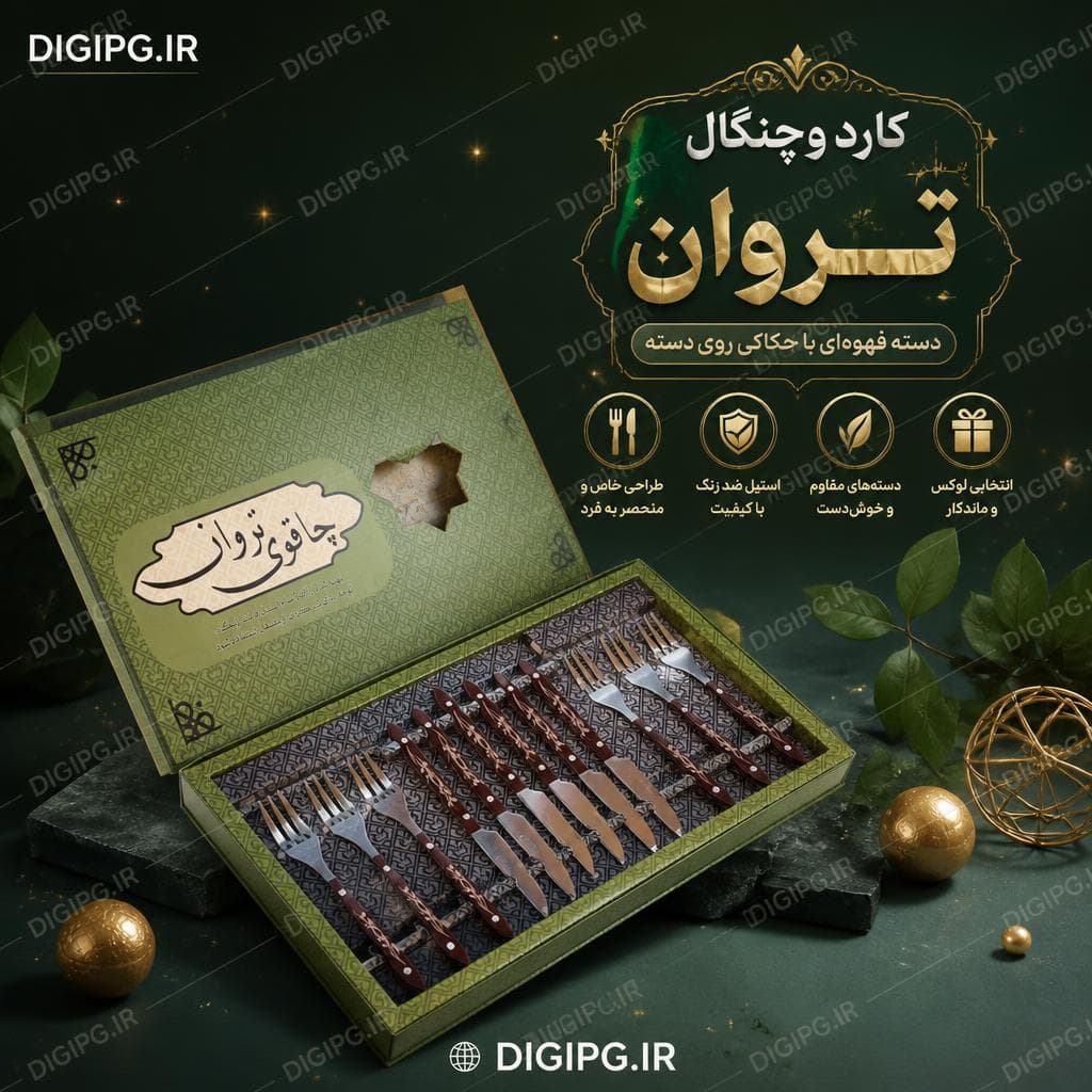 کارد و چنگال تروان دسته قهوه ای با حکاکی روی دسته