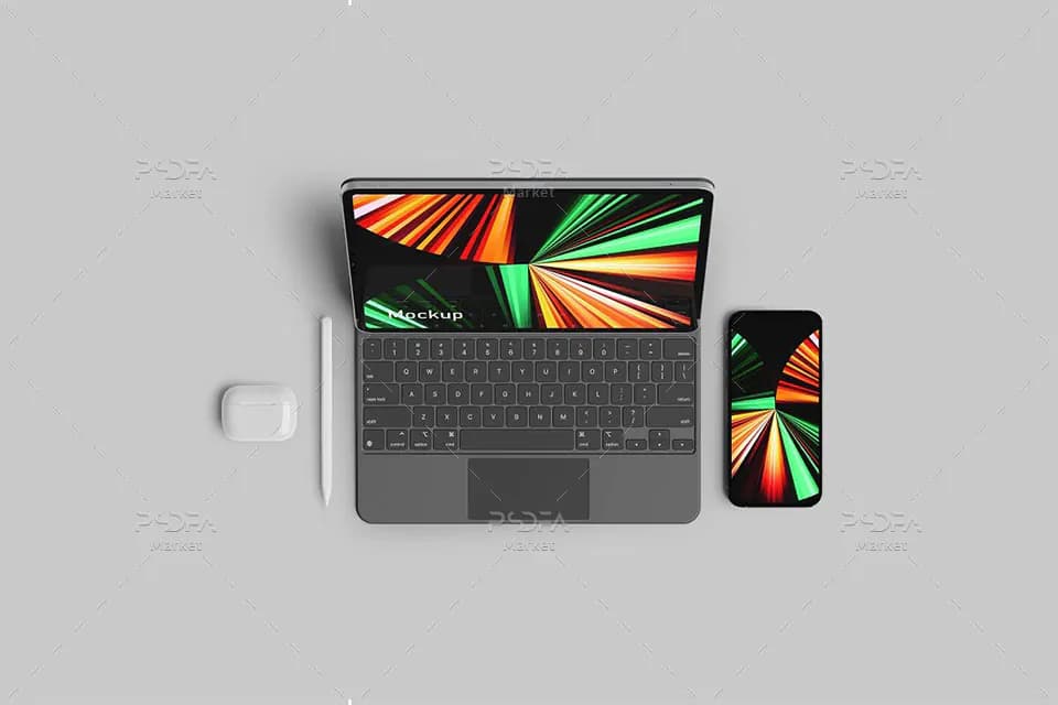 موکاپ آیپد پرو با آیفون 12 پرو در نماهای مختلف برای فتوشاپ — تصویر ۵