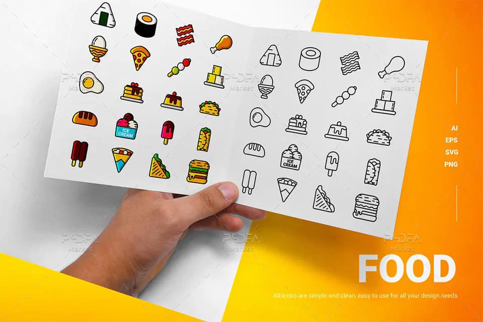 20 وکتور آیکون غذا و فست فود خطی و رنگی برای طراحی